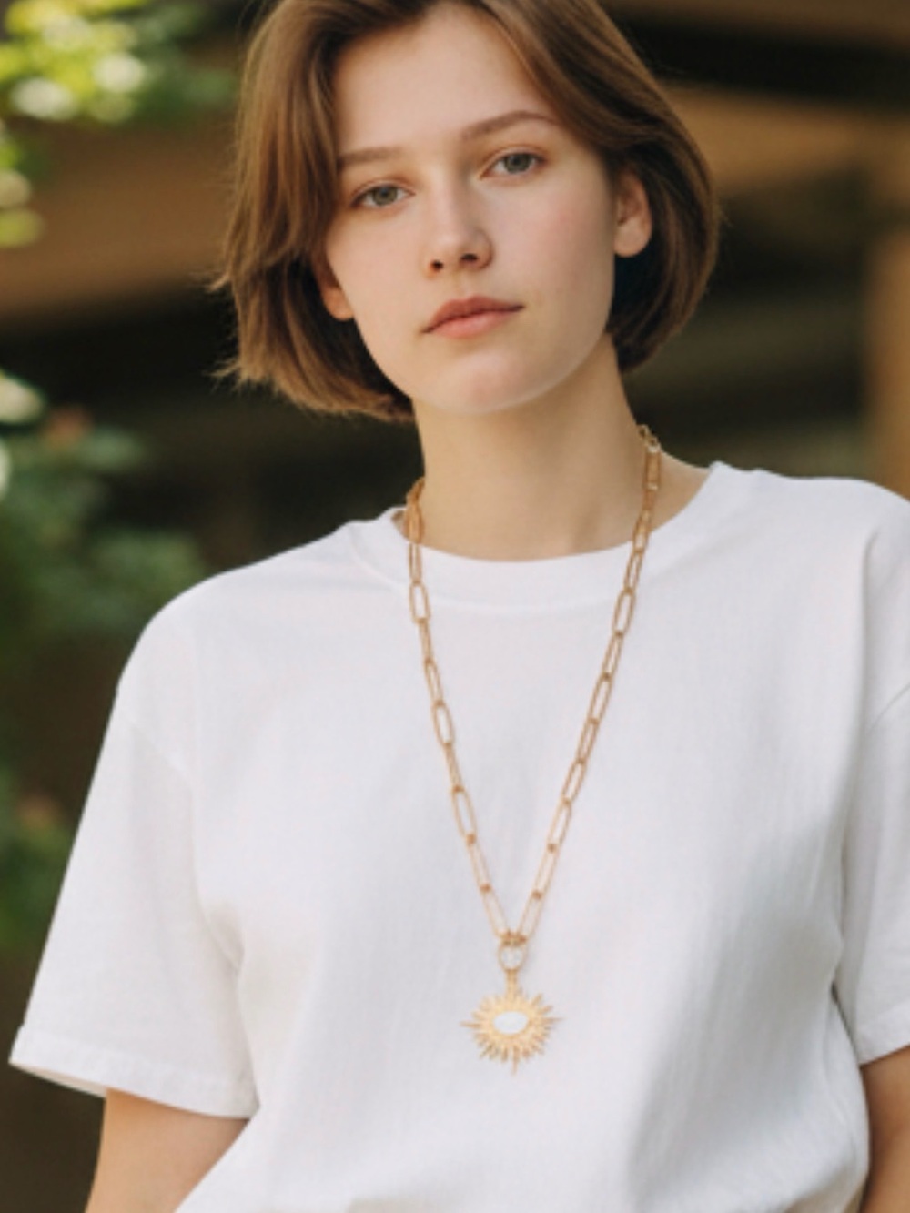 Gold Sunburst Pendant Long Chain Necklace